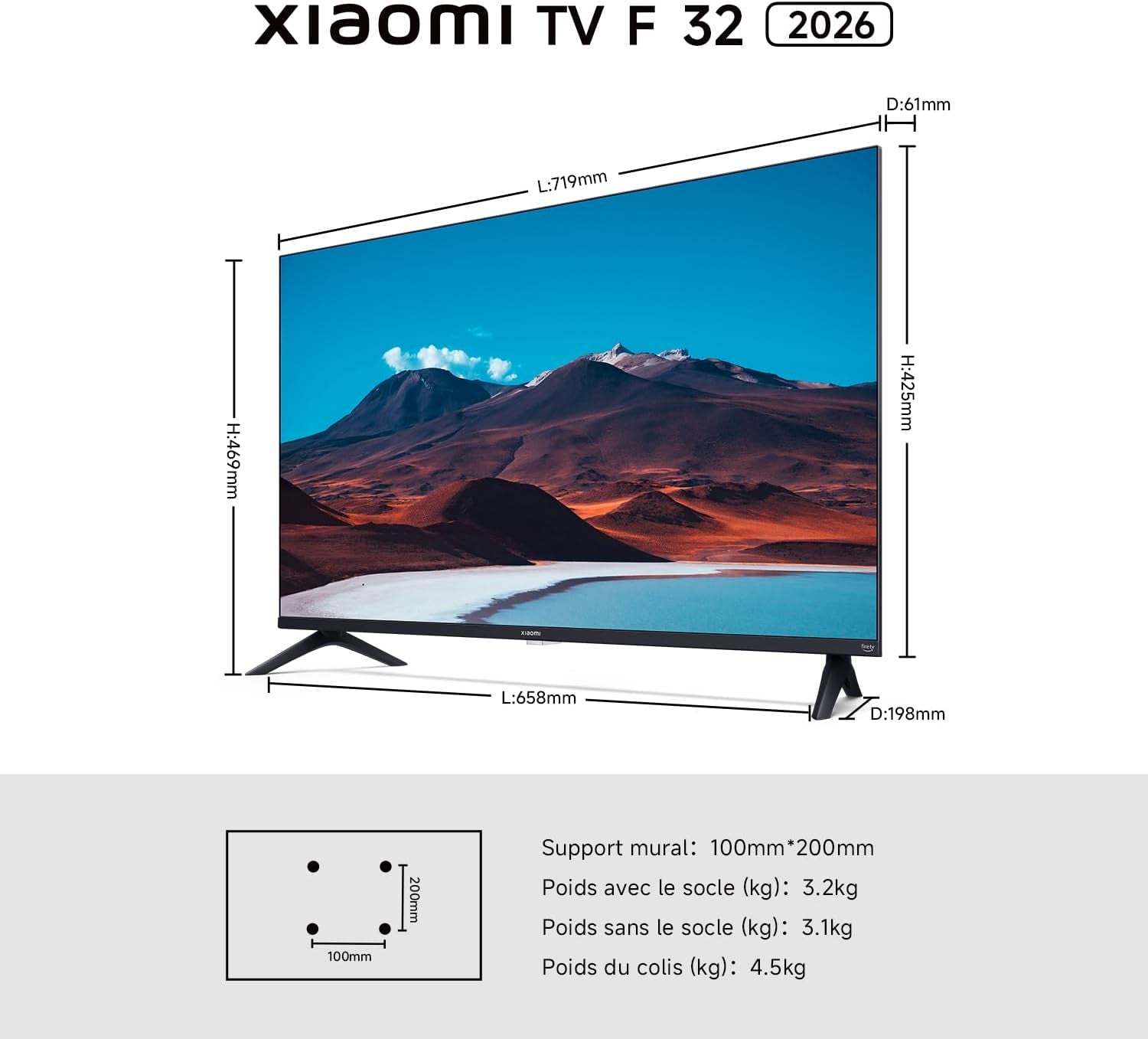XIAOMI 32 Inch F TV, HD, Smart TV, Contrôle Vocal Alexa, Dolby Audio, DTS Virtual:X, DTS-HD, Airplay Compatible