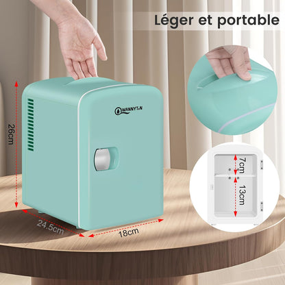 Mini Frigo Portable 4L, Mini Réfrigérateur Cosmétique, Mini Glacière Électrique, Fonction Froid/Chaud, Avec Câble AC 220V/ DC 12V Pour Voiture, Bureau, Chambre (Vert)