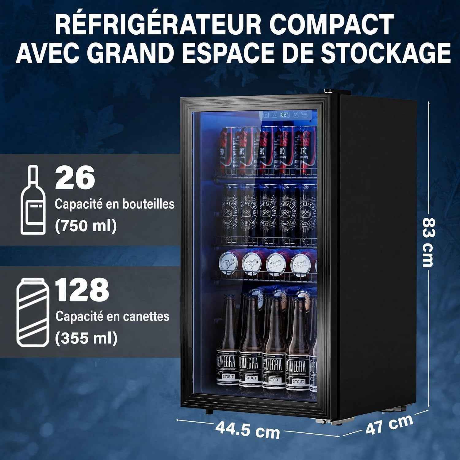 Réfrigérateur À Boissons 90L | Refroidissement Uniforme Et Sans Givre, 3 Étagères Réglables Pour 125 Canettes | Silencieux Pour Bar, Bureau & Maison – Noir