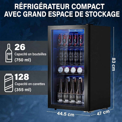 Réfrigérateur À Boissons 90L | Refroidissement Uniforme Et Sans Givre, 3 Étagères Réglables Pour 125 Canettes | Silencieux Pour Bar, Bureau & Maison – Noir