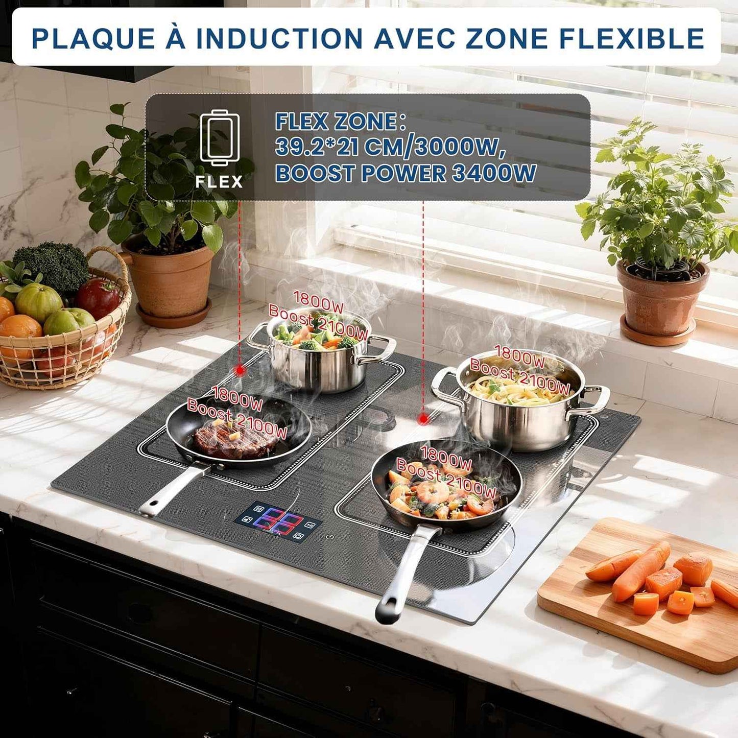 Plaque À Induction 4 Feux, Écran Tactile TFT, Table De Cuisson À Induction Encastrable 60CM, 2 Zones Flexibles, Fonctions Préréglées, Panneau De Commande Intelligent Monobloc, 7200W, 220V