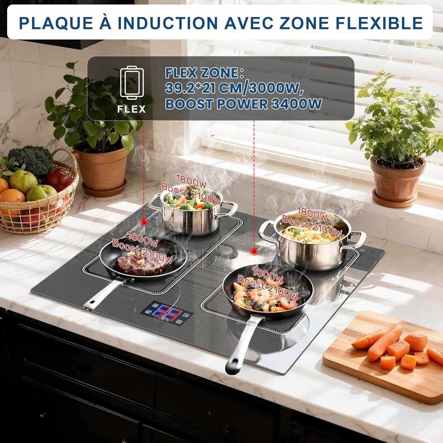 Plaque À Induction 4 Feux, Écran Tactile TFT, Table De Cuisson À Induction Encastrable 60CM, 2 Zones Flexibles, Fonctions Préréglées, Panneau De Commande Intelligent Monobloc, 7200W, 220V