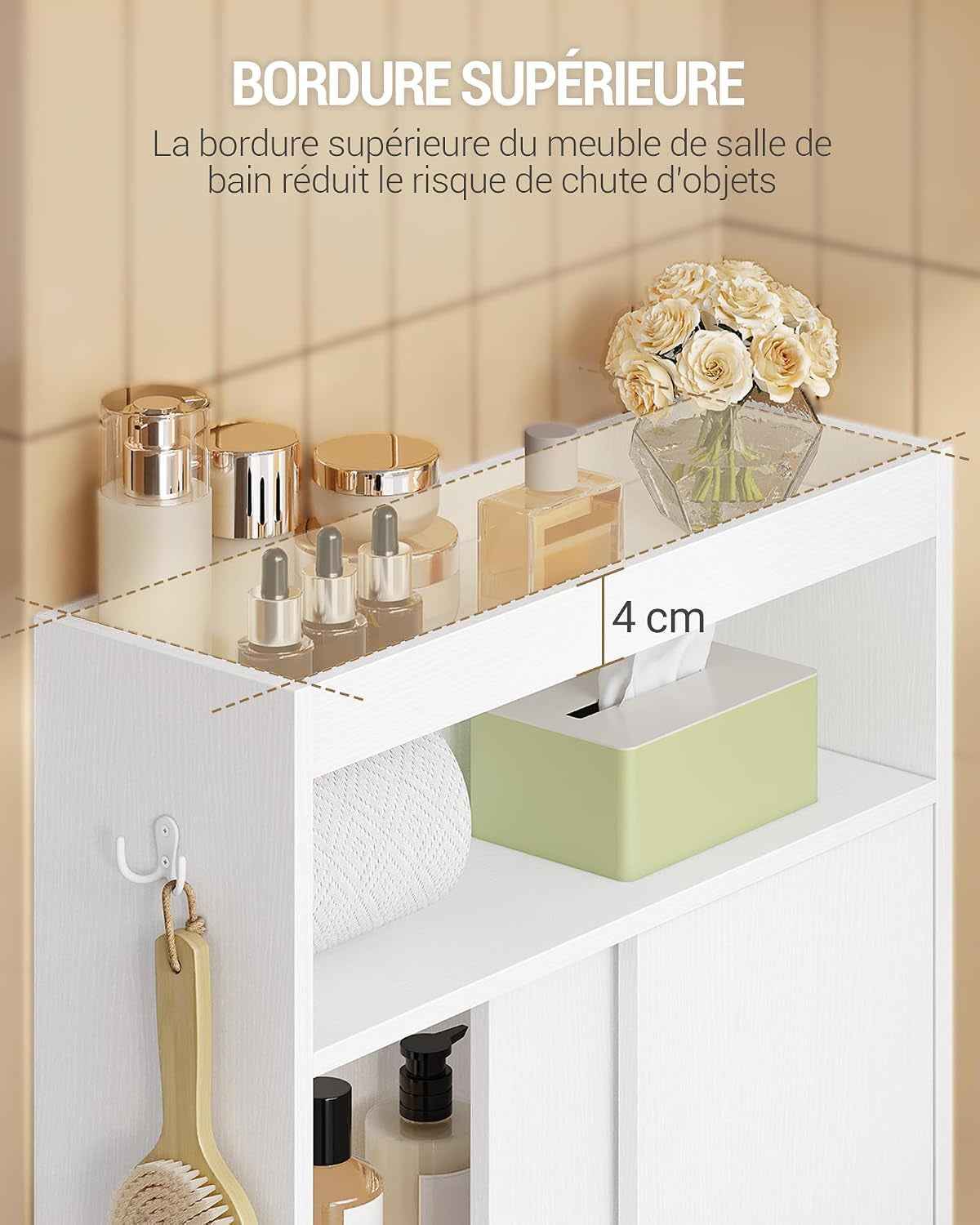 Meuble De Salle De Bain, Meuble Toilette Avec Rangement Papier Toilette Et Crochets, Portes Coulissantes, Étagère Réglable, 20 X 60 X 80 Cm, Blanc BC62813X