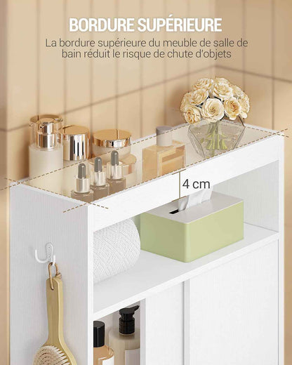 Meuble De Salle De Bain, Meuble Toilette Avec Rangement Papier Toilette Et Crochets, Portes Coulissantes, Étagère Réglable, 20 X 60 X 80 Cm, Blanc BC62813X