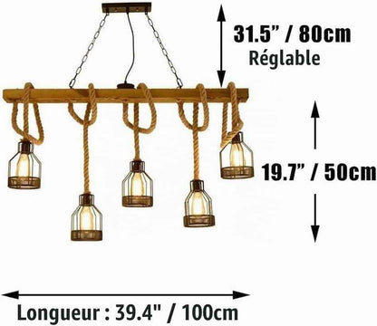 Lampe À Suspension Îlot De Cuisine, Luminaires De Cuisine, Lustre Rustique Salle À Manger Avec 5 Douilles E27, Lustre Poutre Métal Et Bois, Plafonnier Suspendus Au Plafond