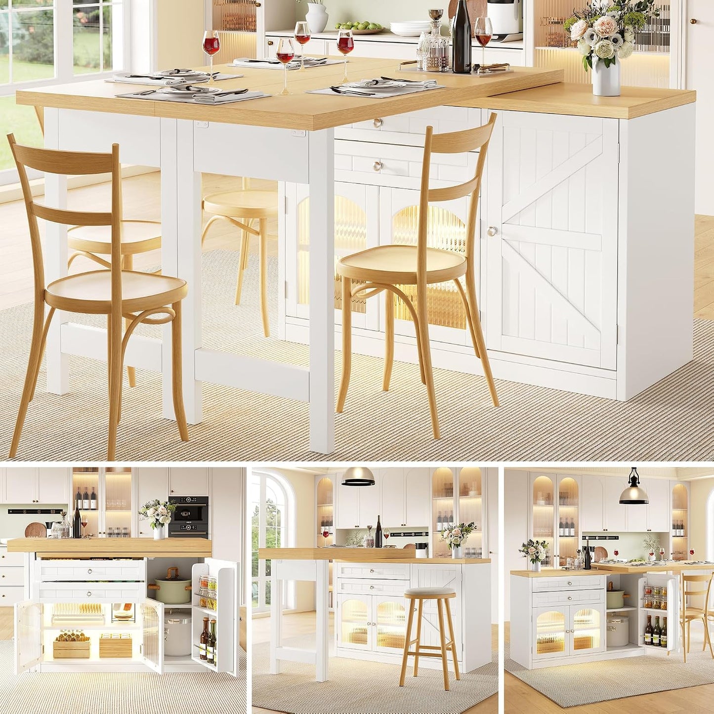 Îlot Central Cuisine Extensible 120-194 Cm Avec Plateau Pivotant 360°, Meuble De Cuisine Avec Portes En Verre Et Rangements, Blanc