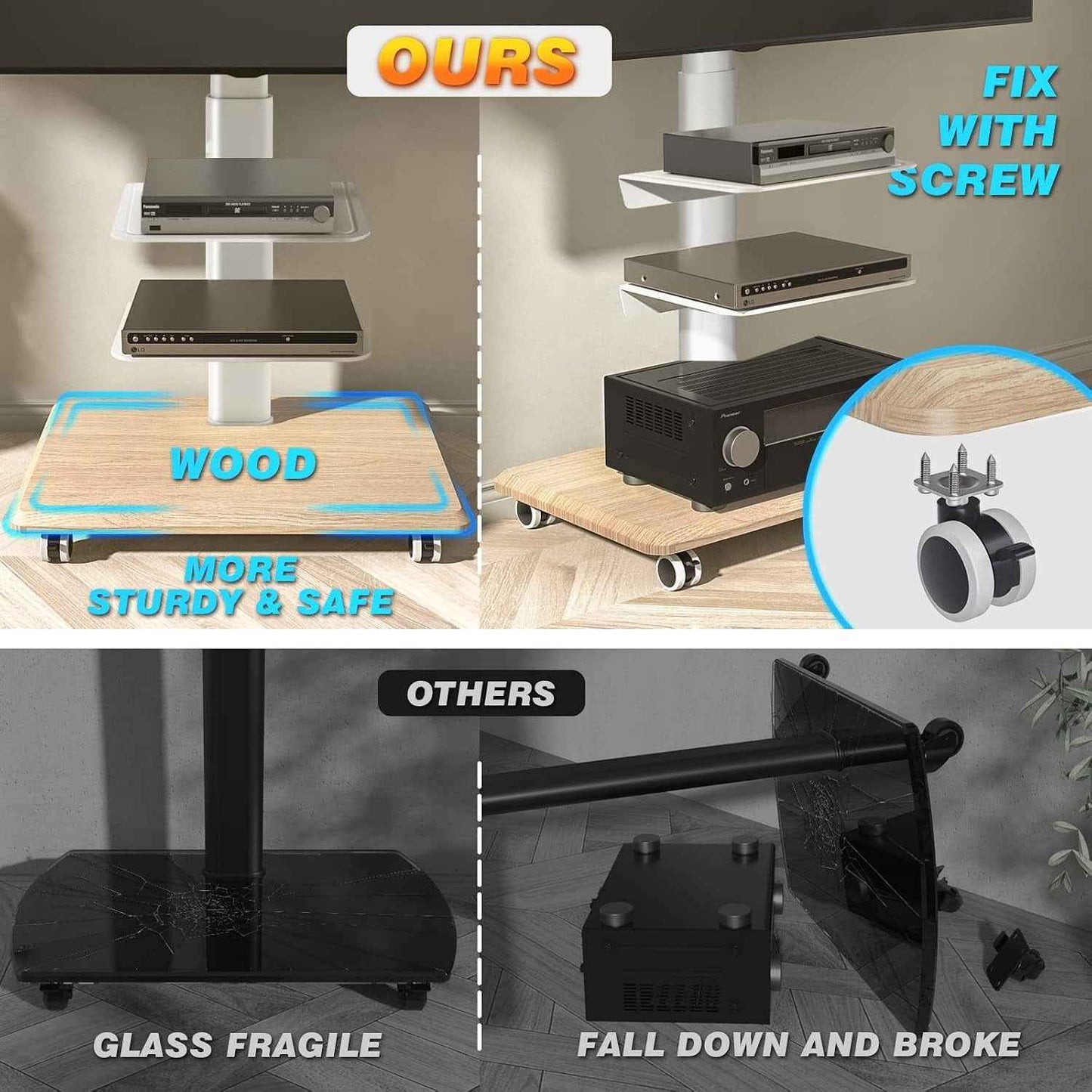 Blanc Support TV Roulettes Support TV Sur Pied Avec Socle En Bois Pour Télé De 26 À 65 Pouces, Réglable En Hauteur Pied TV Avec 3 Étagères Jusqu 'À 35 Kg, Max. VESA 400X400Mm