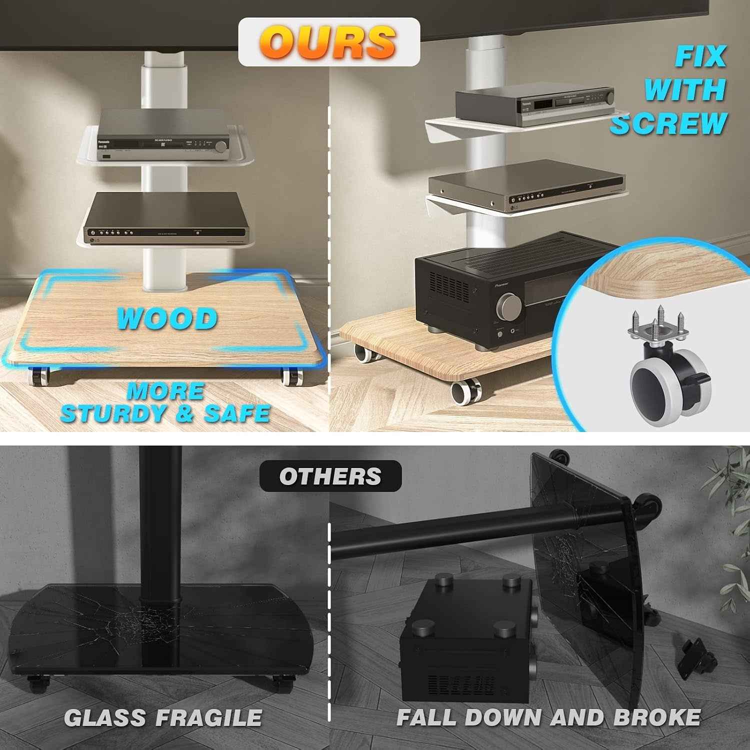 Blanc Support TV Roulettes Support TV Sur Pied Avec Socle En Bois Pour Télé De 26 À 65 Pouces, Réglable En Hauteur Pied TV Avec 3 Étagères Jusqu 'À 35 Kg, Max. VESA 400X400Mm