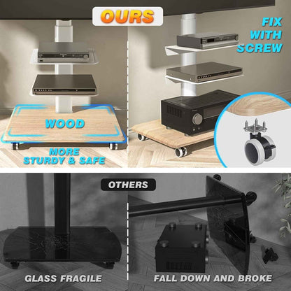 Blanc Support TV Roulettes Support TV Sur Pied Avec Socle En Bois Pour Télé De 26 À 65 Pouces, Réglable En Hauteur Pied TV Avec 3 Étagères Jusqu 'À 35 Kg, Max. VESA 400X400Mm