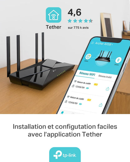 Archer AX58 Routeur Wifi 6, Routeur Wifi AX 3000 Mbps Bi-Bande, 5 Ports Gigabit, 4 Antennes À Haute Performance, WPA3, Contrôle Parental, Easymesh, Antivirus Intégré