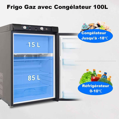 Frigo Trimixte 12V 220V Gaz, 100L, Frigo Gaz Avec Congélateur Pour Camping Car, Caravane, Maison, Mobile-Home, Chalet, Cabanon, Noir