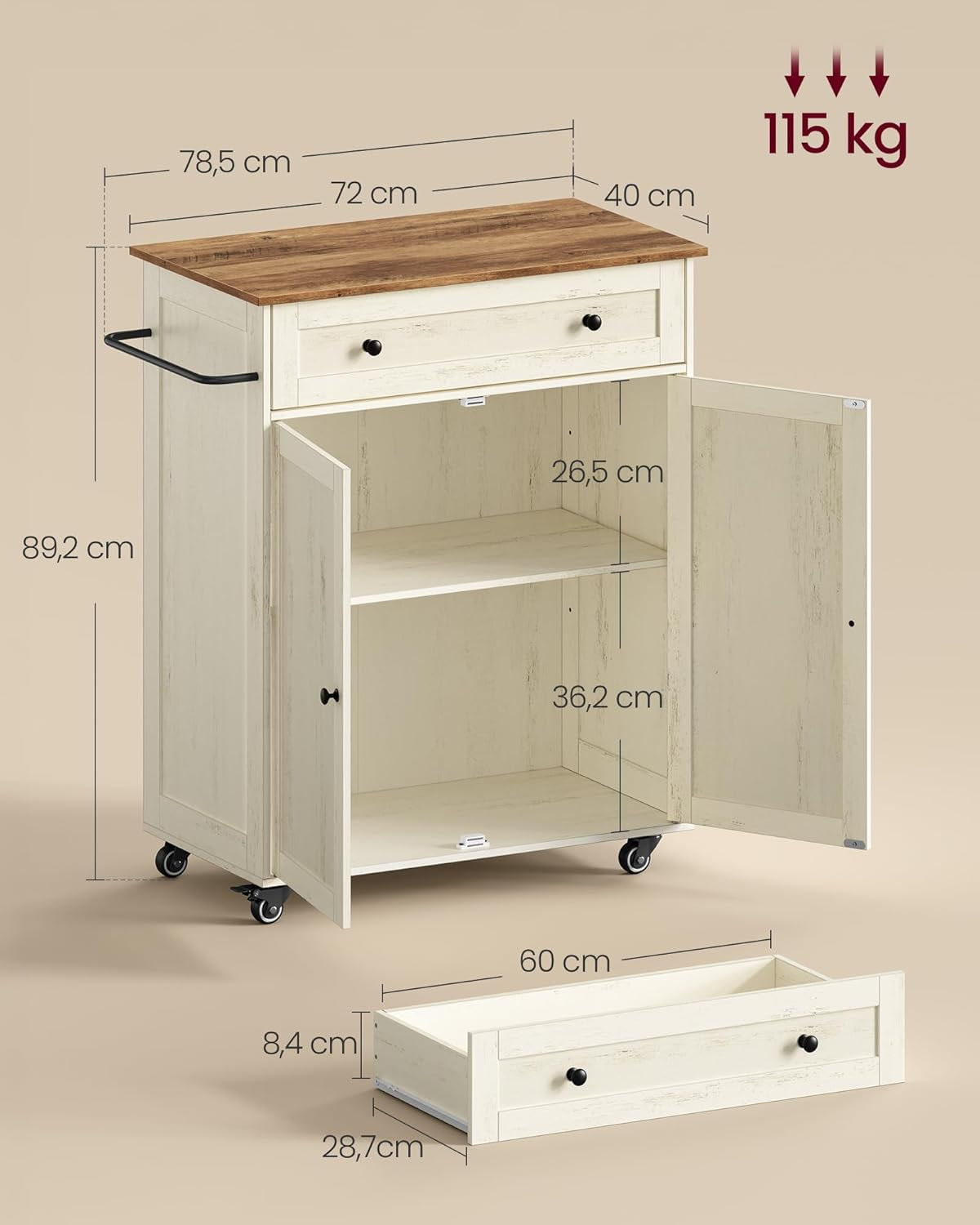 Siren Collection - Desserte Cuisine, Chariot À Roulettes, Tiroir, Placard, Îlot De Cuisine, Étagère Réglable, 40 X 78,5 X 89,2 Cm, Blanc Rustique Et Marron Miel KKI009WJ01