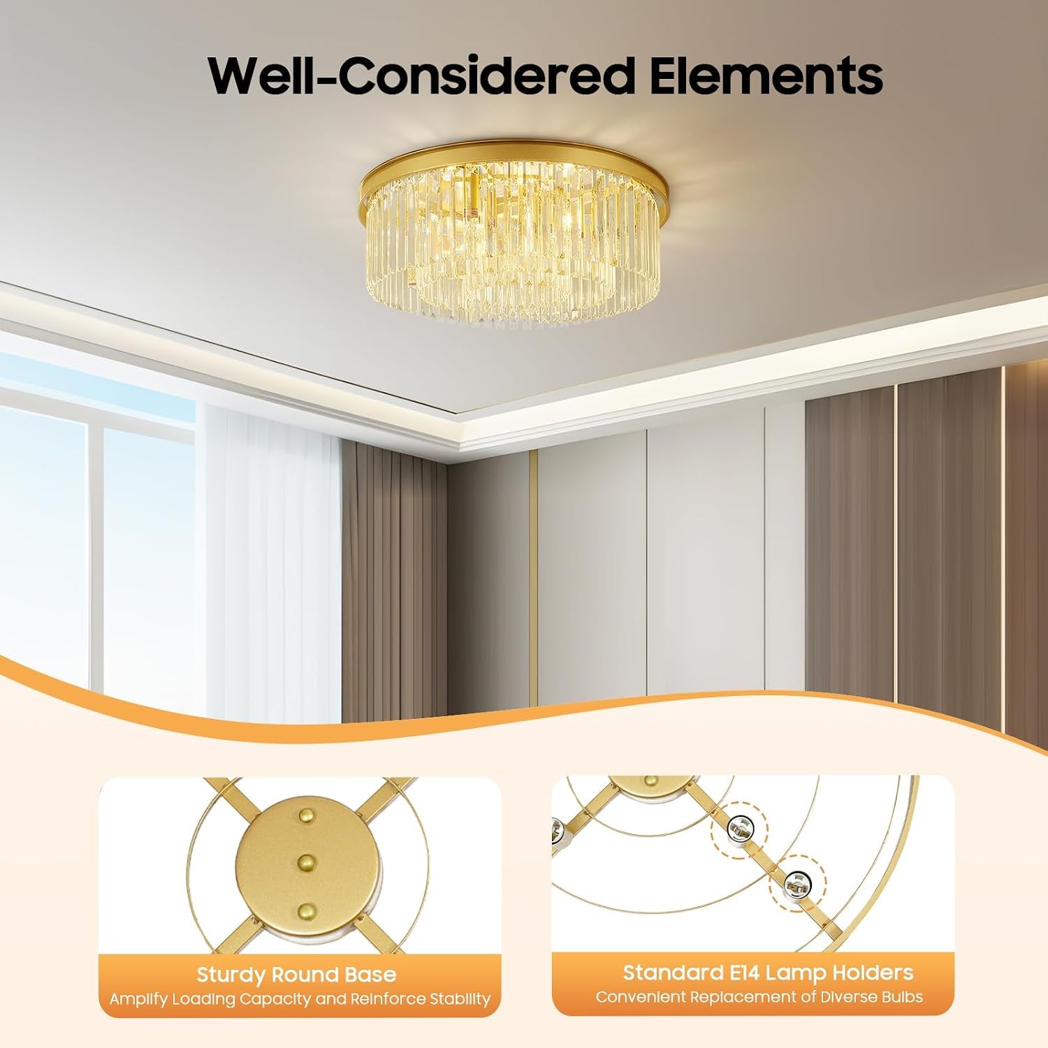 Plafonnier En Cristal De 60 Cm, Lustre Doré, Lustre Chambre, Lampe Ronde LED, Plafond Transparent, E14