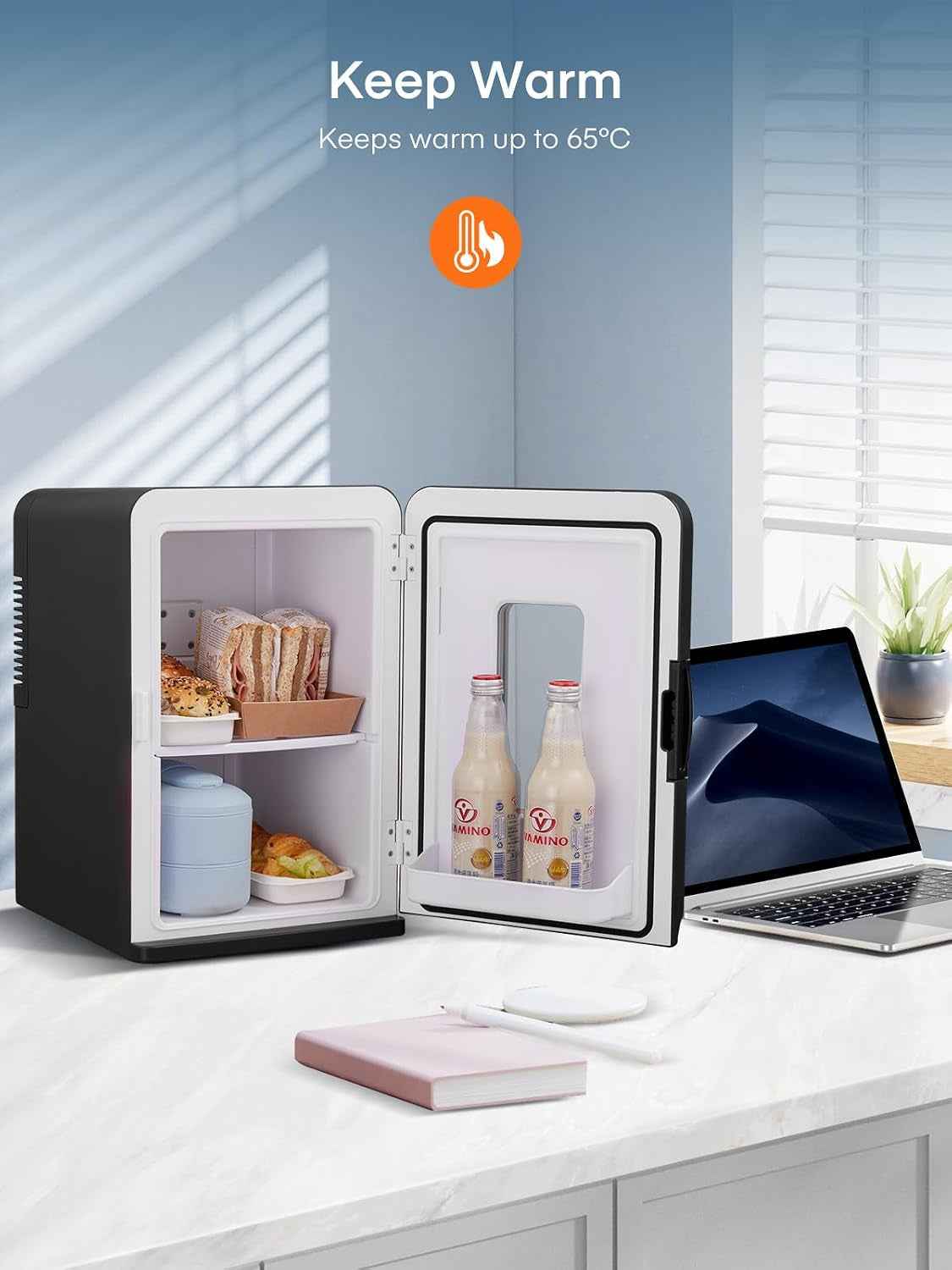 Mini Frigo De Chambre 15L/21 Canettes, Petit Frigo Portable 240V/12V, Mode Silencieux, Fonction Chaud/Froid, Cosmetique Noir