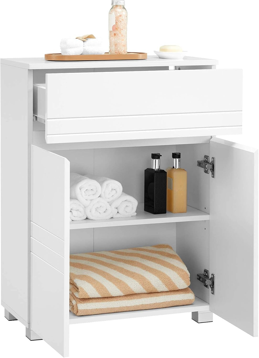 Meuble De Salle De Bain Sur Pied, Meuble De Rangement Avec Tiroir, Armoire À Double Porte, Étagère Réglable, Pour Entrée, Couloir, 60 X 30 X 80 Cm, Blanc BBK140W01