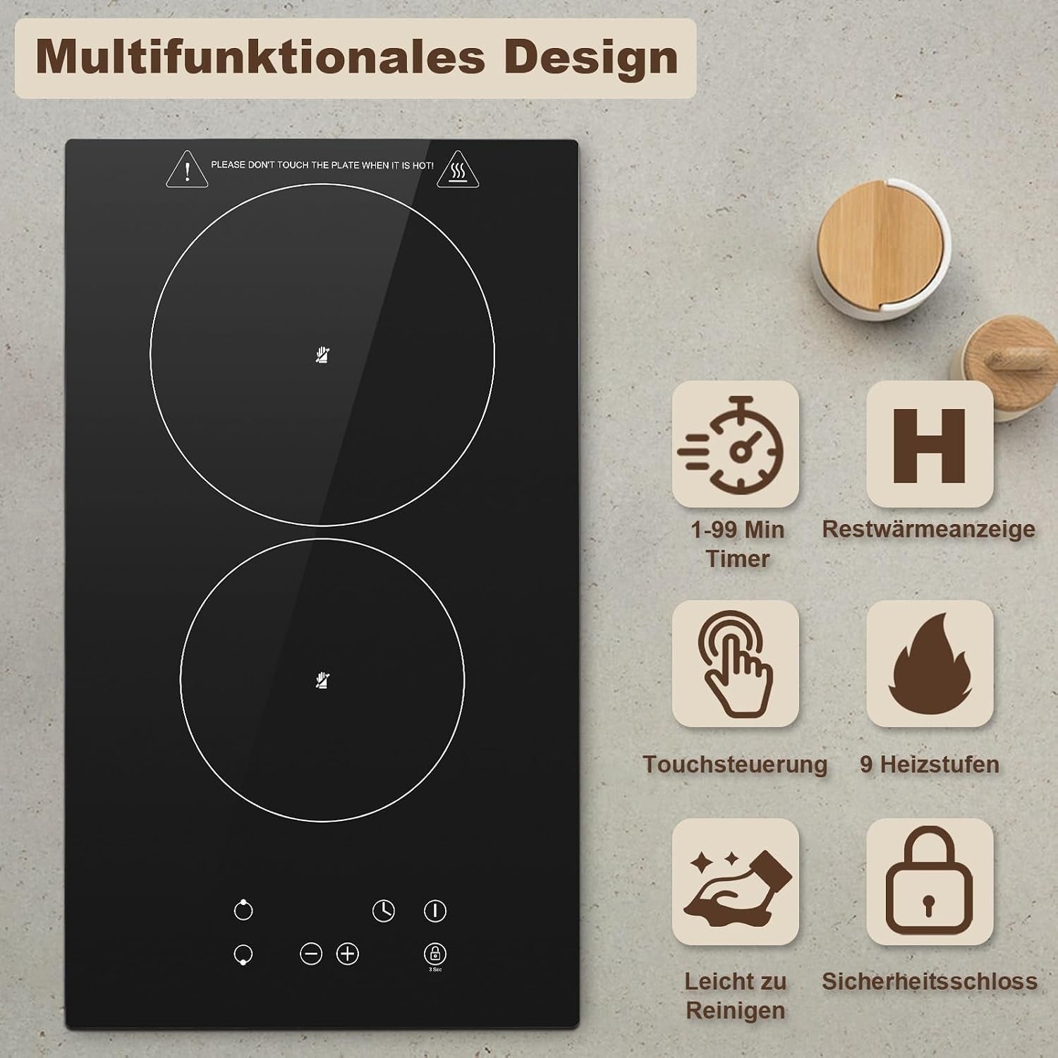 Plaque Vitrocéramique 2 Feux, Plaque De Cuisson Electrique 30Cm, Electrique Plaque Encastrable, Commande Tactile, 3000W 9 Niveaux De Puissance, Minuterie 1-99 Min, Pour Toutes Les Casseroles