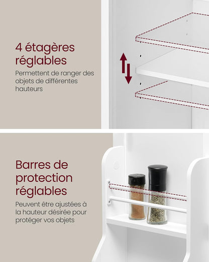 Buffet Haut Cuisine, Meuble De Rangement, Armoire, Vaisselier, 40 X 76 X 135,8 Cm, Grand Espace, 2 Planches Réglables, 6 Étagères De Porte, Pour Salon, Cuisine, Blanc BBC671HW01