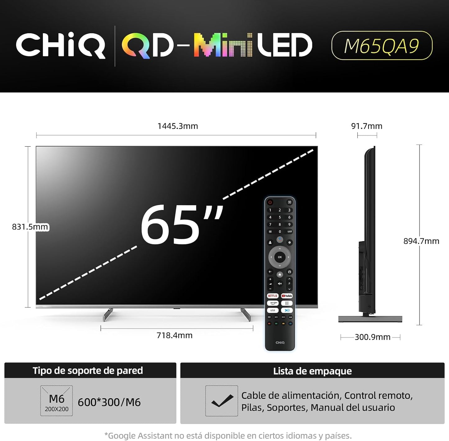 TV Mini QLED 4K 65 Pouces Local Dimming (M65QA9) | Gaming DLG 120Hz, MEMC 60Hz, Support HDR10, Chromecast Intégré