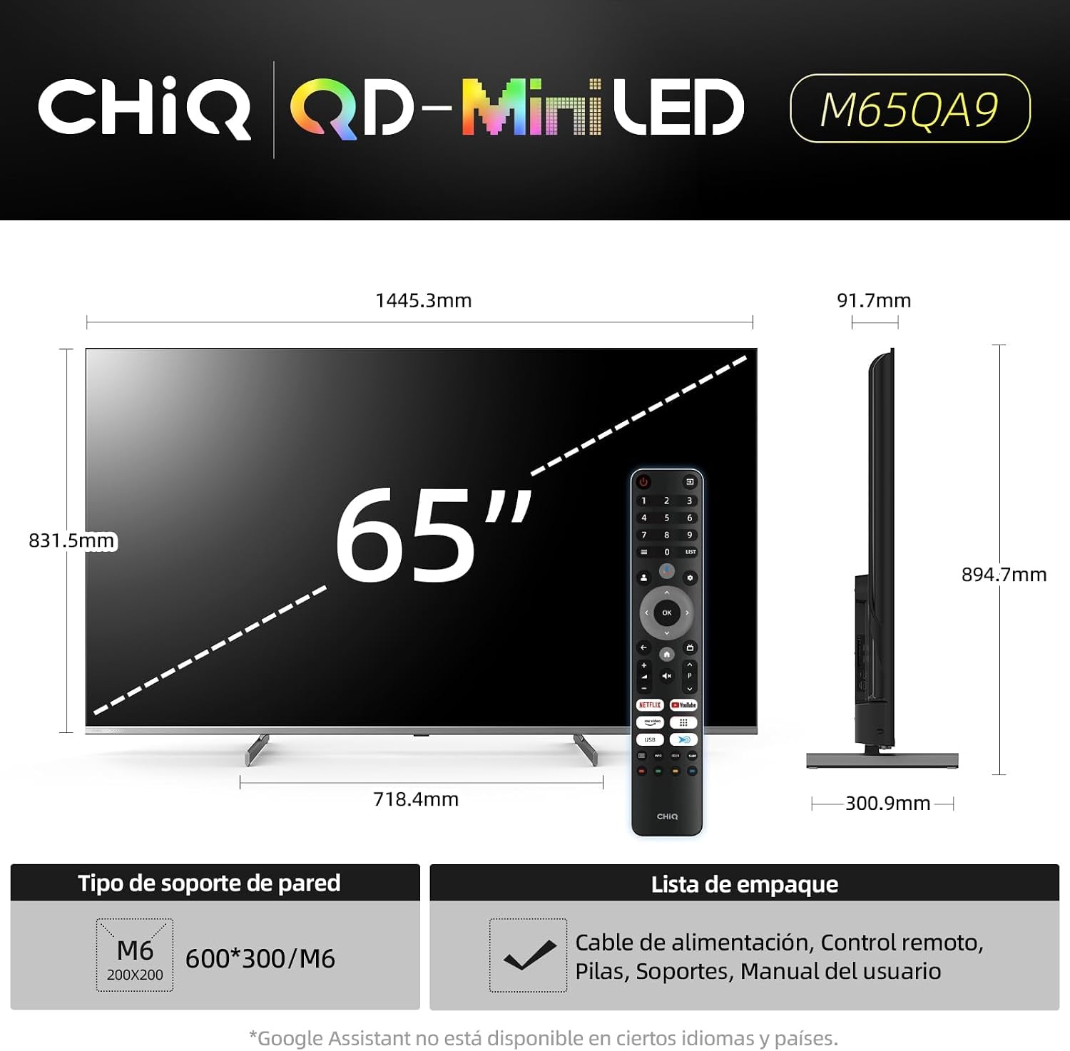 TV Mini QLED 4K 65 Pouces Local Dimming (M65QA9) | Gaming DLG 120Hz, MEMC 60Hz, Support HDR10, Chromecast Intégré