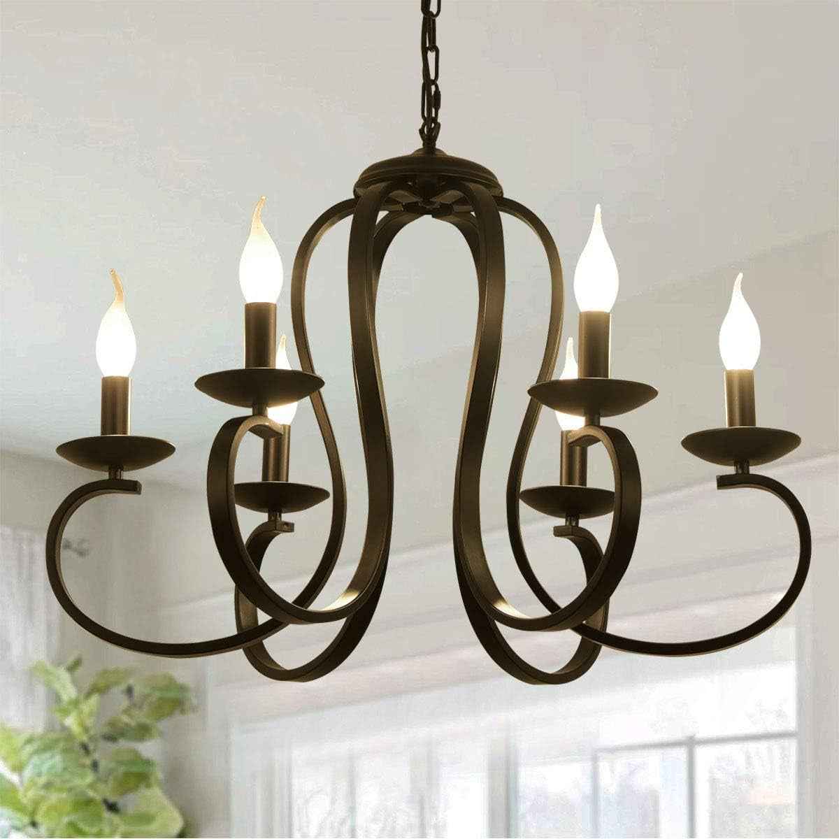 Lustre Vintage Français Pays Métal 6 Lumières Noir | Bougie Style Chaîne Réglable Suspendu Pour Salle À Manger Cuisine Îlot Foyer Ferme Éclairage Rustique