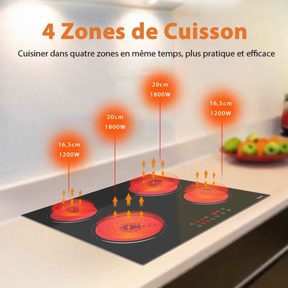 60 Cm Plaque De Cuisson Vitrocéramique 4 Feux, 6000 Watts | Minuterie De 99 Minutes, Verrouillage De Sécurité Pour Enfants, 9 Niveaux De Puissance, 220-240 V