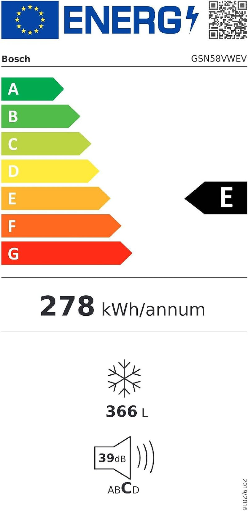 Bosch GSN58VWEV Série 4 - Congélateur, Pose-Libre, No Frost, Vario Zone | 191 X 70 Cm, Blanc, 366 L, Technologie Intelligent Inverter, Technologie Multi Airflow, Tiroir De Congélation XXL Big Box