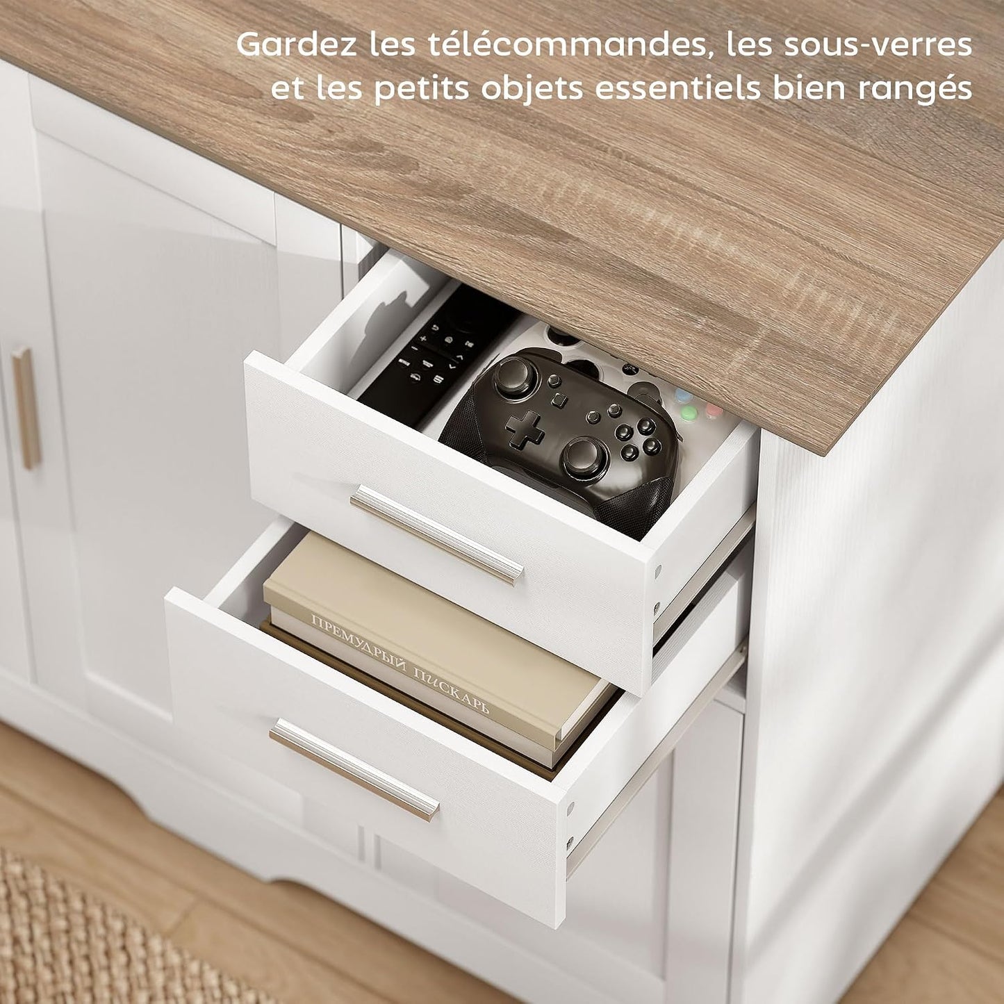 Buffet Salon 2 Tiroirs 3 Portes 100 X 40 X 78 Cm Blanc Bois Naturel | Meuble De Rangement, Étagère Réglable, Style Contemporain, Buffet Salle À Manger Et Cuisine