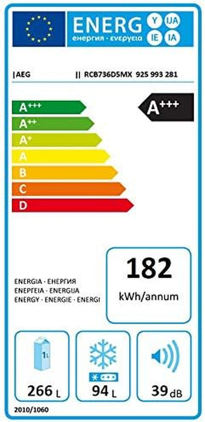 RCB736D5MX Réfrigérateur Combi 2,01 M, Dclass A+++, Customflex Cooling 360° Multiflow Twintech, Écran LED, Tiroir Extrachill, Poignée Intégrée, Lumières LED, Inox