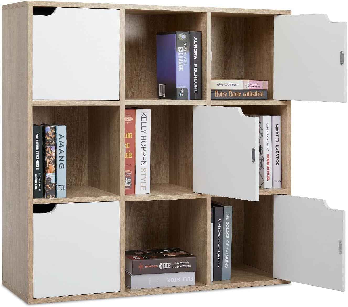 Bibliothèque 9 Casiers, 4 Ouverts + 5 Portes, Chêne, 90X30X90 Cm | Structure En Bois Massif. Exposez Et Rangez Vos Affaires. Idéal Salon, Bureau, Étude. Gain De Place.