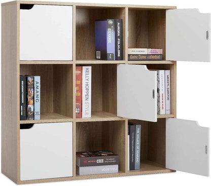 Bibliothèque 9 Casiers, 4 Ouverts + 5 Portes, Chêne, 90X30X90 Cm | Structure En Bois Massif. Exposez Et Rangez Vos Affaires. Idéal Salon, Bureau, Étude. Gain De Place.