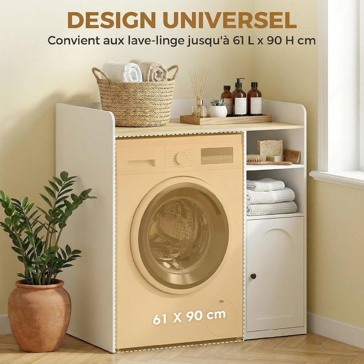 Meuble Machine À Laver Avec Compartiments 93,5 X 60 X 100 Cm Blanc | Armoire Machine a Laver, Porte À Fermeture Douce, Large Plateau, Meuble De Salle De Bain Et Buanderie
