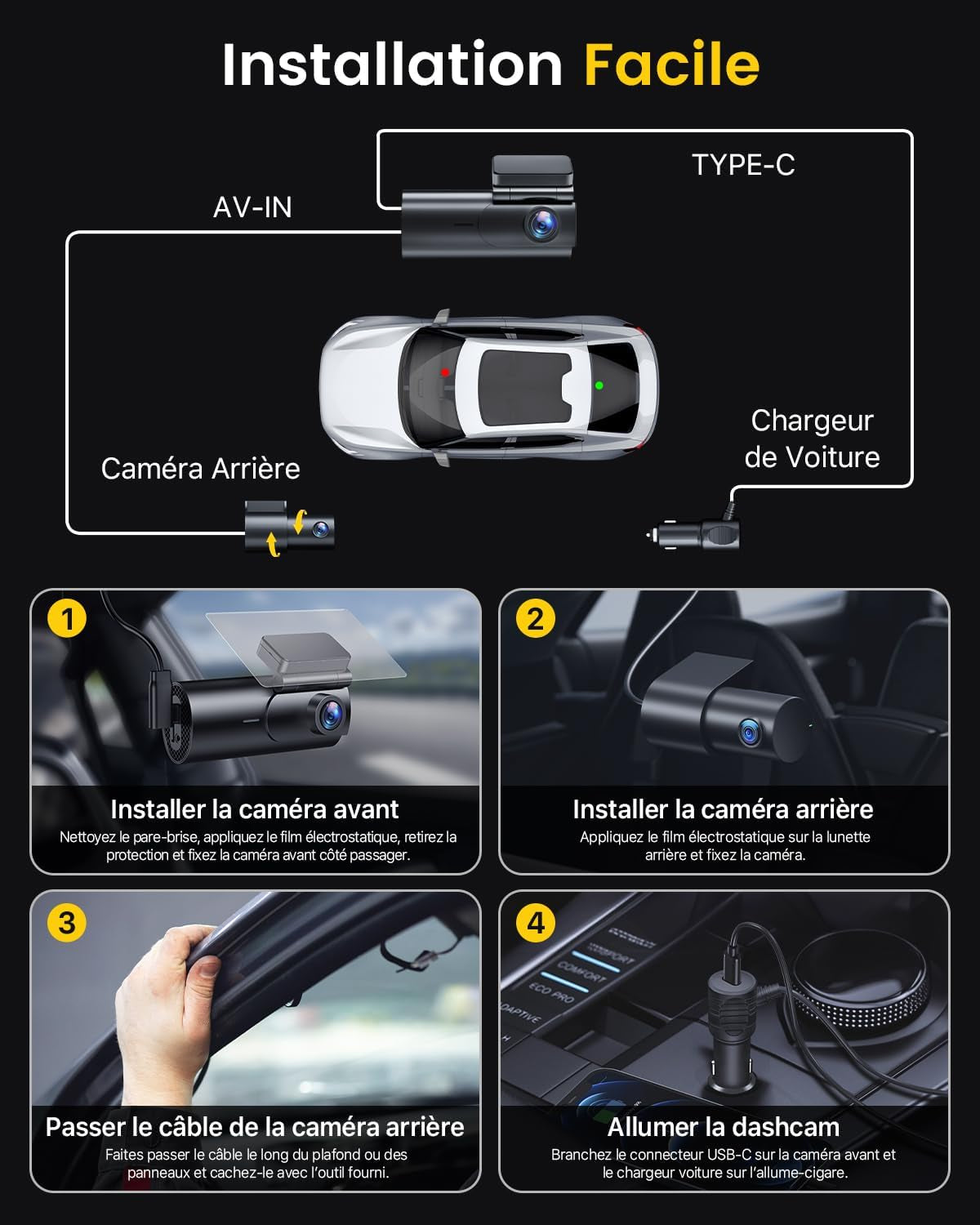 4K Dashcam Voiture Avant Arrière, 5Ghz Wifi Caméra Embarquée Voiture | Avec Carte SD 64G, Camera Voiture Grand Angle 170°, Vision Nocturne, Wdr,G-Capteur,Stationnement 24H,Enregistrement En Boucle