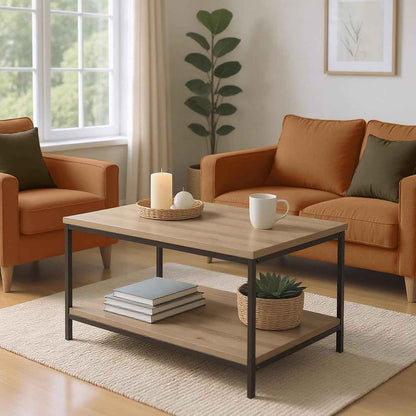 Table Basse, Rectangulaire, Avec Étagère Inférieure, Table D’Appoint De Salon, Style Moderne, Chêne, 50,5Cm X 80Cm X 42Cm