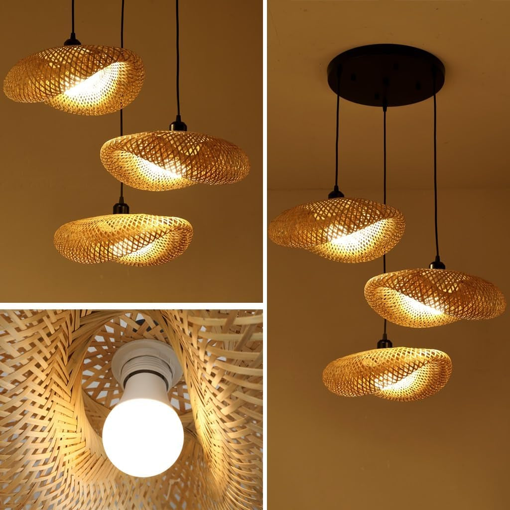 Luminaire Plafonnier Rétro Boho 3 Lumières Lustre Abat-Jour En Rotin Naturel Lampe Suspendue E27 Suspension Luminaire Suspendu Avec Abat-Jour En Osier Pour Cuisine Salon Café Luminaire En Rotin