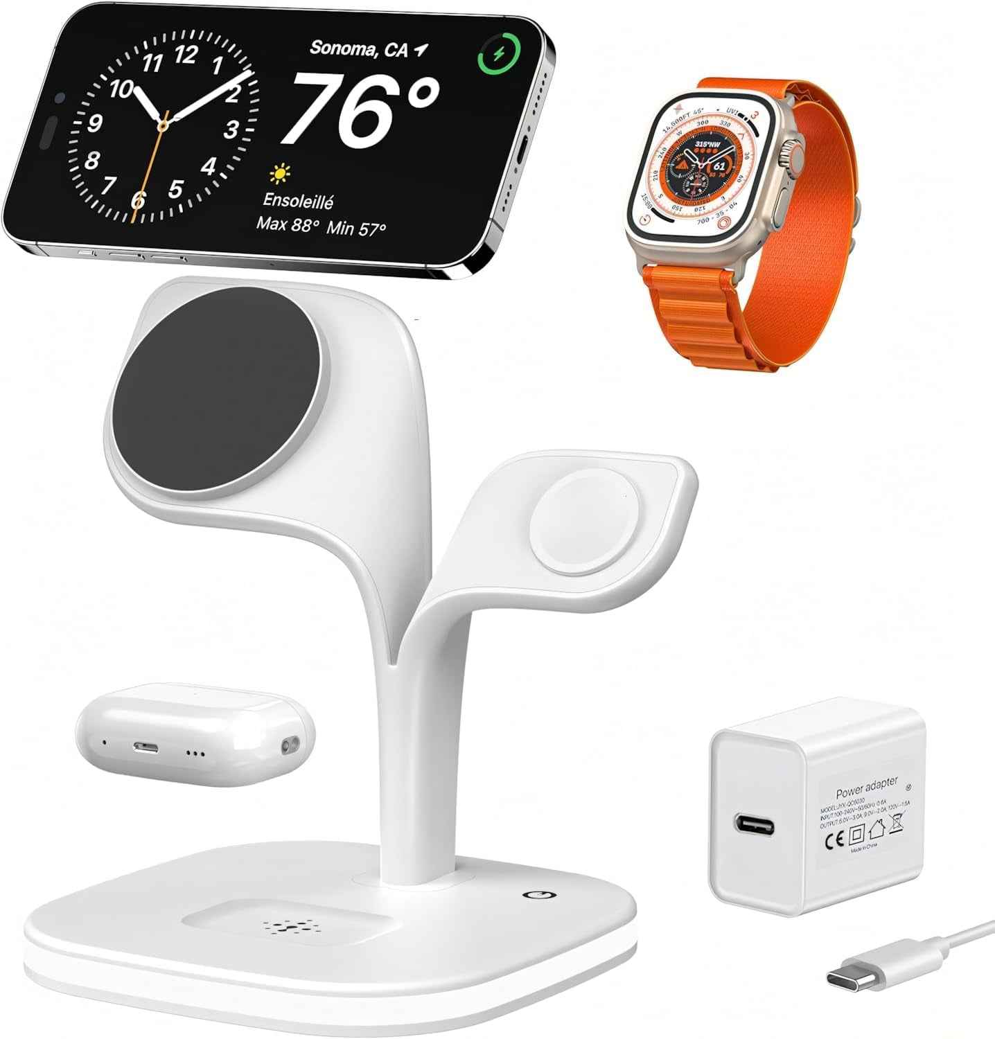 Mag-Safe Chargeur Induction, Magnétique 3 En 1 Station De Charge Pour Apple Avec Lampe, Chargeur Sans Fil Rapide Pour Iphone 17 16 15 14 13 12 Pro Max/Plus/Air, Apple Watch, Pour Airpods-Blanc