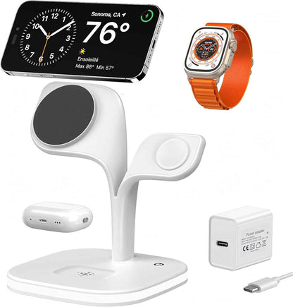 Mag-Safe Chargeur Induction, Magnétique 3 En 1 Station De Charge Pour Apple Avec Lampe, Chargeur Sans Fil Rapide Pour Iphone 17 16 15 14 13 12 Pro Max/Plus/Air, Apple Watch, Pour Airpods-Blanc
