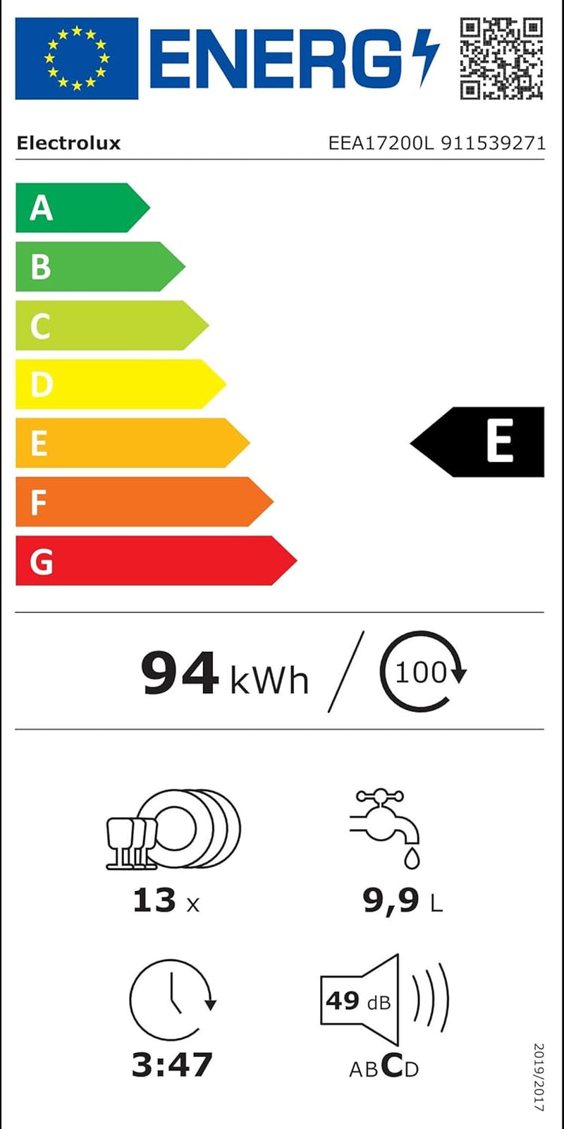 EEA17200L Lave-Vaisselle Entièrement Intégré 13 Couverts E