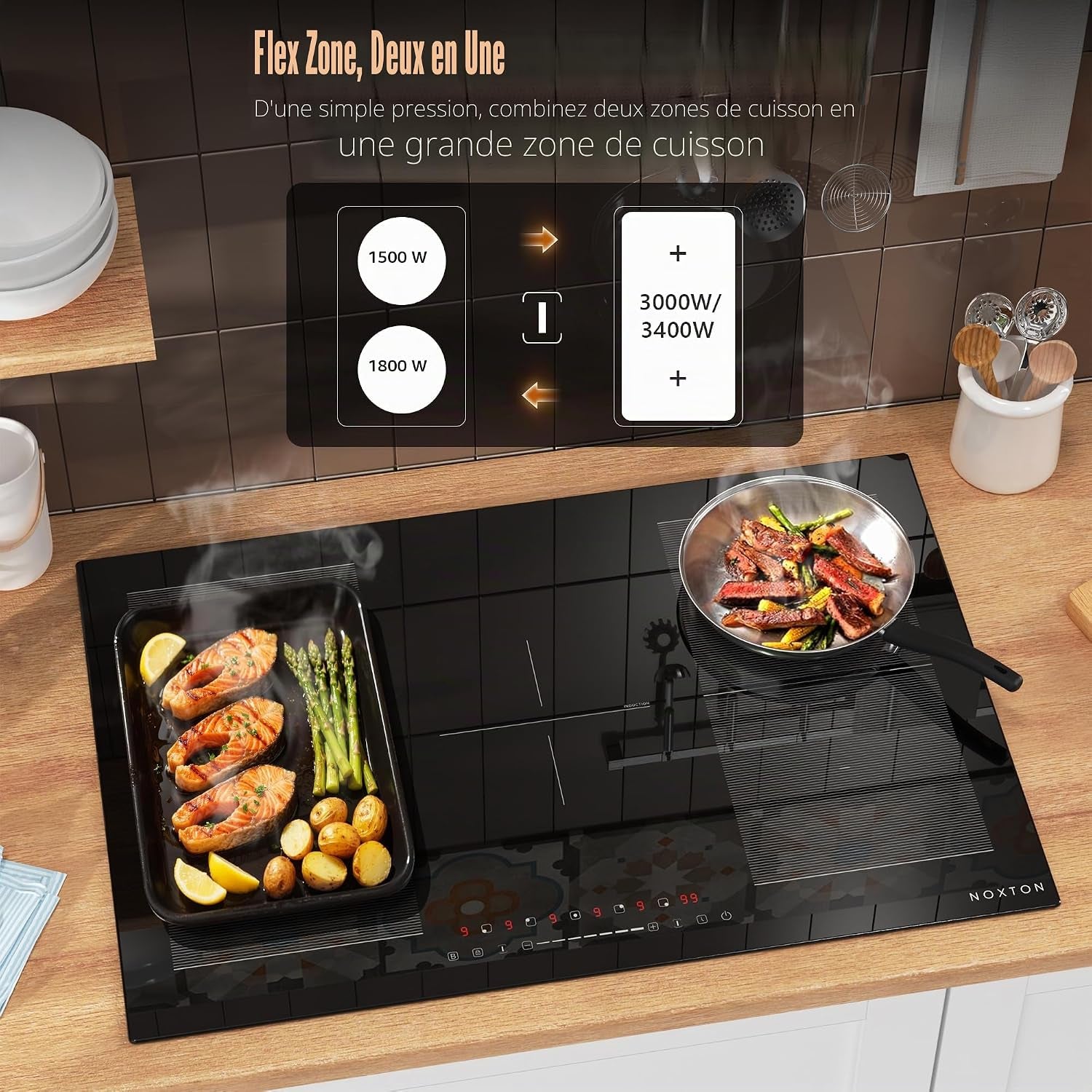 Plaque Induction Avec Flexizone, Plaque De Cuisson Electrique 5 Feux | Boost, Verrouillage Enfant, Pause Et Minuterie, 9 Niveaux De Puissance, Encastrable, 77 CM, 7200W, 220-240V, Sans Prise