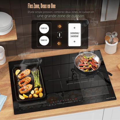 Plaque Induction Avec Flexizone, Plaque De Cuisson Electrique 5 Feux | Boost, Verrouillage Enfant, Pause Et Minuterie, 9 Niveaux De Puissance, Encastrable, 77 CM, 7200W, 220-240V, Sans Prise