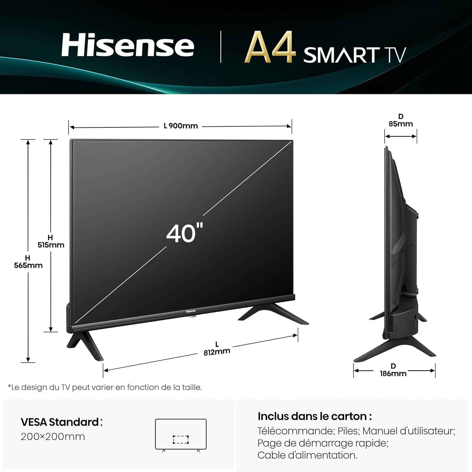 Hisense Téléviseur Connecté 40 Pouces 40A4Q - Full HD 60Hz, Mode Sport IA, Dolby Audio, VIDAA OS Avec Youtube, Netflix, Canal + (Modèle 2025)
