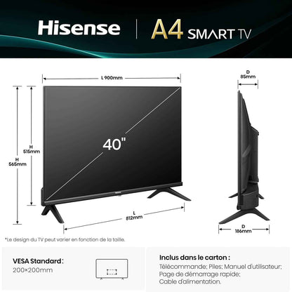 Hisense Téléviseur Connecté 40 Pouces 40A4Q - Full HD 60Hz, Mode Sport IA, Dolby Audio, VIDAA OS Avec Youtube, Netflix, Canal + (Modèle 2025)