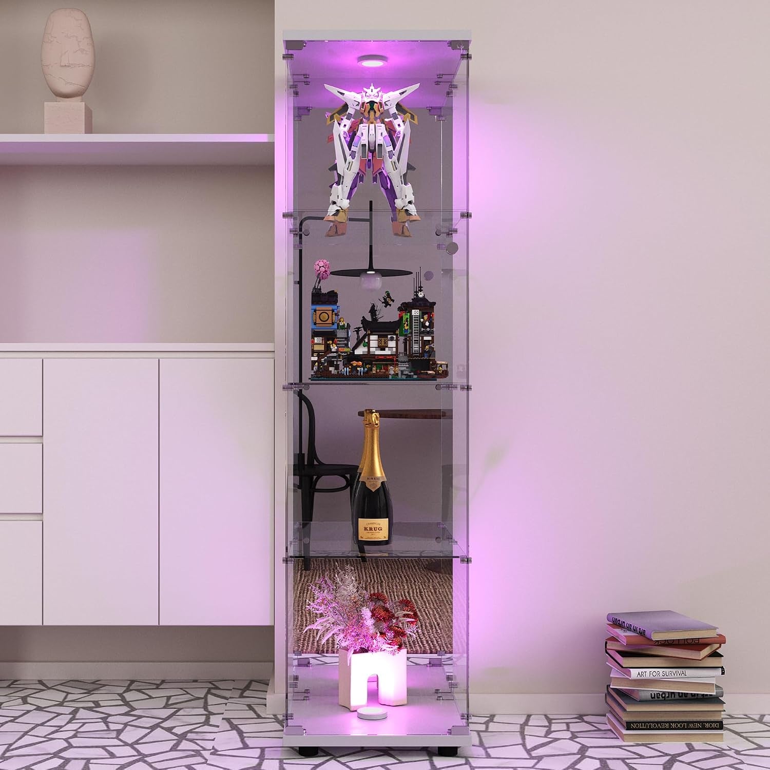 Vitrine En Verre, Meuble De Rangement Autonome Avec Éclairage LED Et Effet Miroir, Vitrine En Verre À 4 Couches, Convient Pour Bureau, Salon, Cuisine, 164 X 42,5 X 36,5 Cm (Blanc)