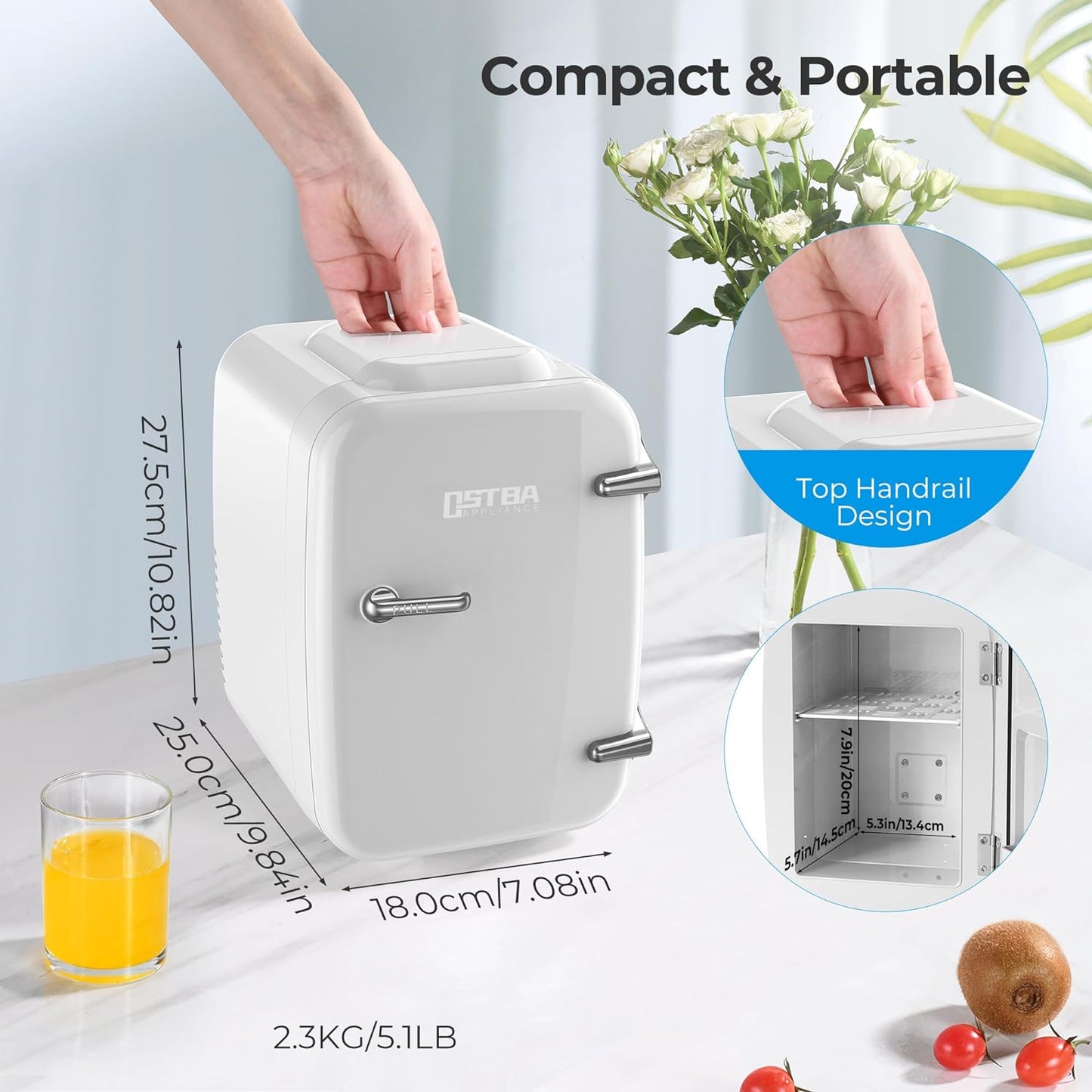 OSTBA APPLIANCE Mini Frigo Portable, 4 Litres /6 Boîtes Boissons & Soin De La Peau Mini Petit Frigo Pour Chambre, Voiture, Bureau, Deux Vitesses - Refroidisseur Et Réchauffeur (Blanc)