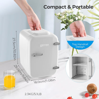 OSTBA APPLIANCE Mini Frigo Portable, 4 Litres /6 Boîtes Boissons & Soin De La Peau Mini Petit Frigo Pour Chambre, Voiture, Bureau, Deux Vitesses - Refroidisseur Et Réchauffeur (Blanc)