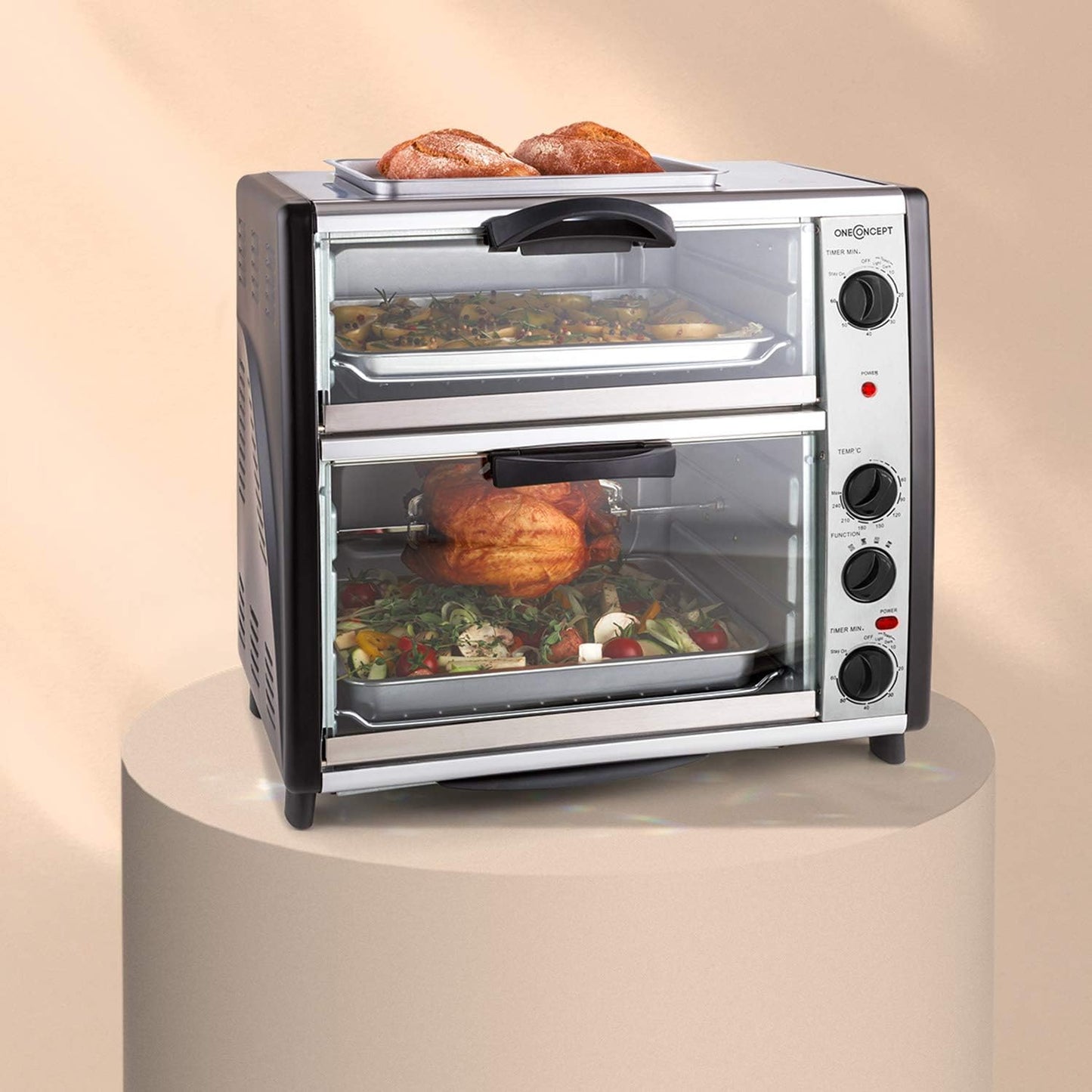 Oneconcept All-You-Can-Eat - Four Grill, Four Électrique, Four Double, 42L Au Total, 2400W, Température Réglable, 60-240°, Timers, 2X Plaques, Fenêtre Large, Broche, Poids 7Kg, Argent