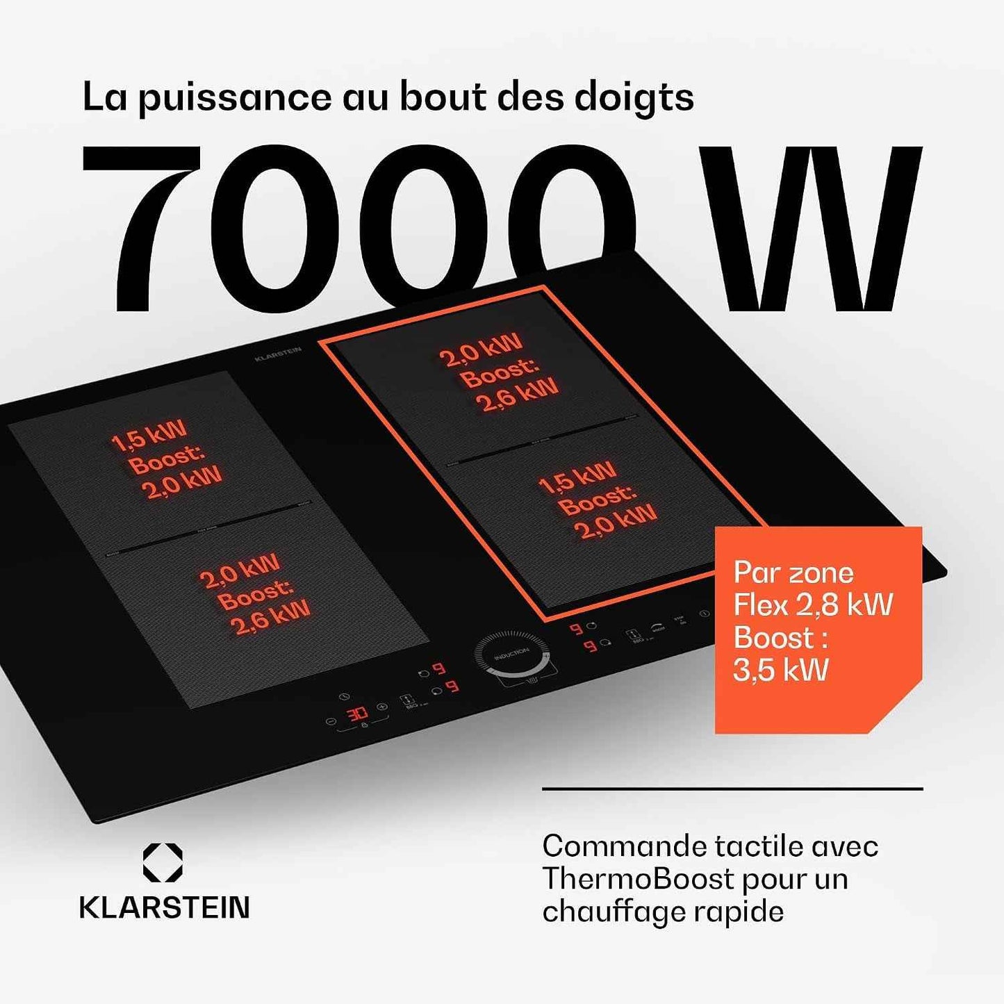 Klarstein Plaque À Induction, Plaque Vitrocéramique, Table À Induction 7000 W 4 Plaques, Table À Intégrée Avec Écran Tactile Et Minuterie, De Cuisson Moderne Avec Protection Contre La Surchauffe