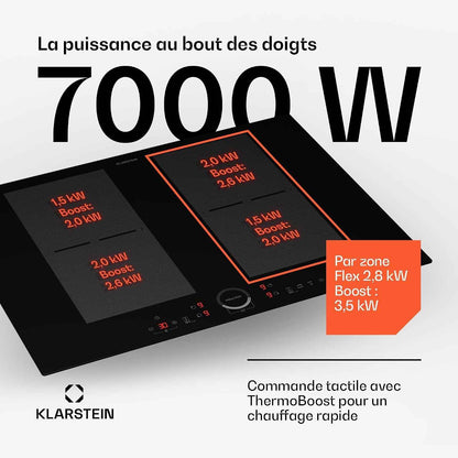 Klarstein Plaque À Induction, Plaque Vitrocéramique, Table À Induction 7000 W 4 Plaques, Table À Intégrée Avec Écran Tactile Et Minuterie, De Cuisson Moderne Avec Protection Contre La Surchauffe
