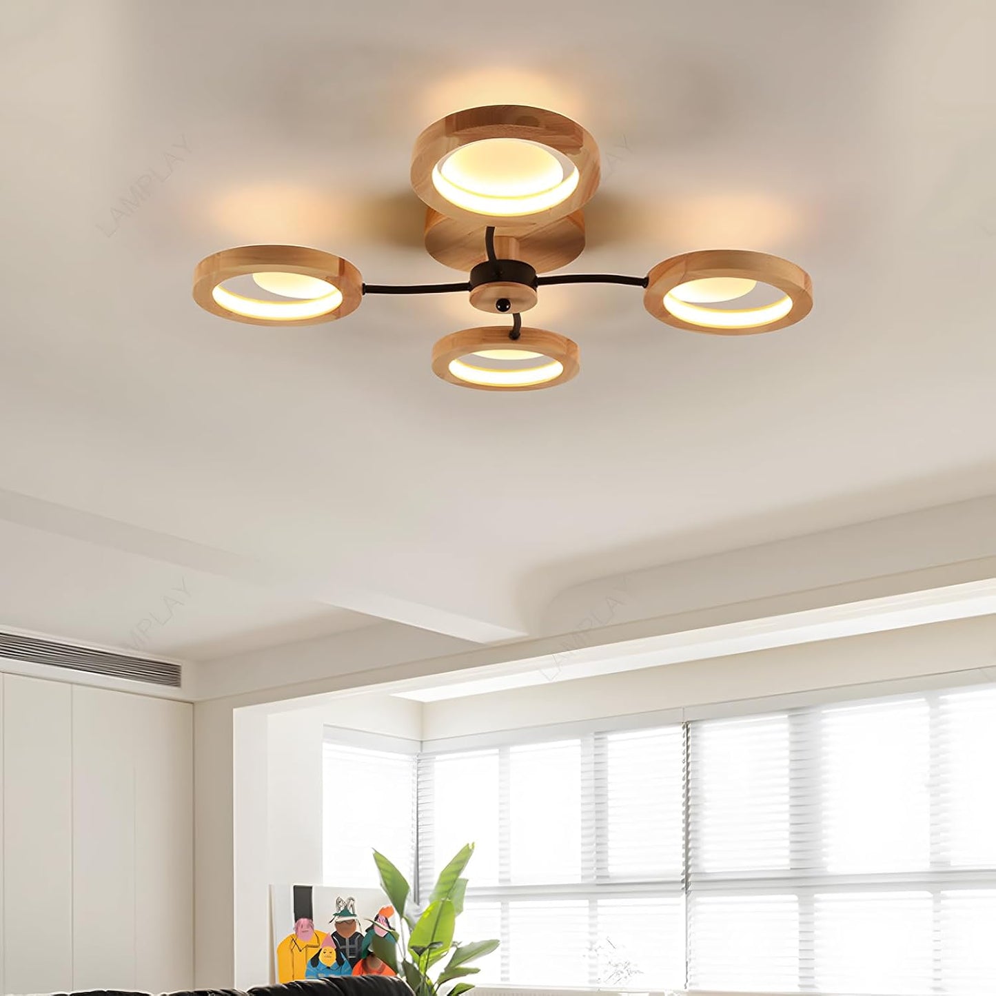 Plafonnier LED Moderne, Lustre Ø74Cm Dimmable Avec Télécommande 3000K-6000K, Bras Noir + 4 Anneaux En Bois, Abat-Jour Cercle En Métal, Salon Chambre Salle À Manger Bureau