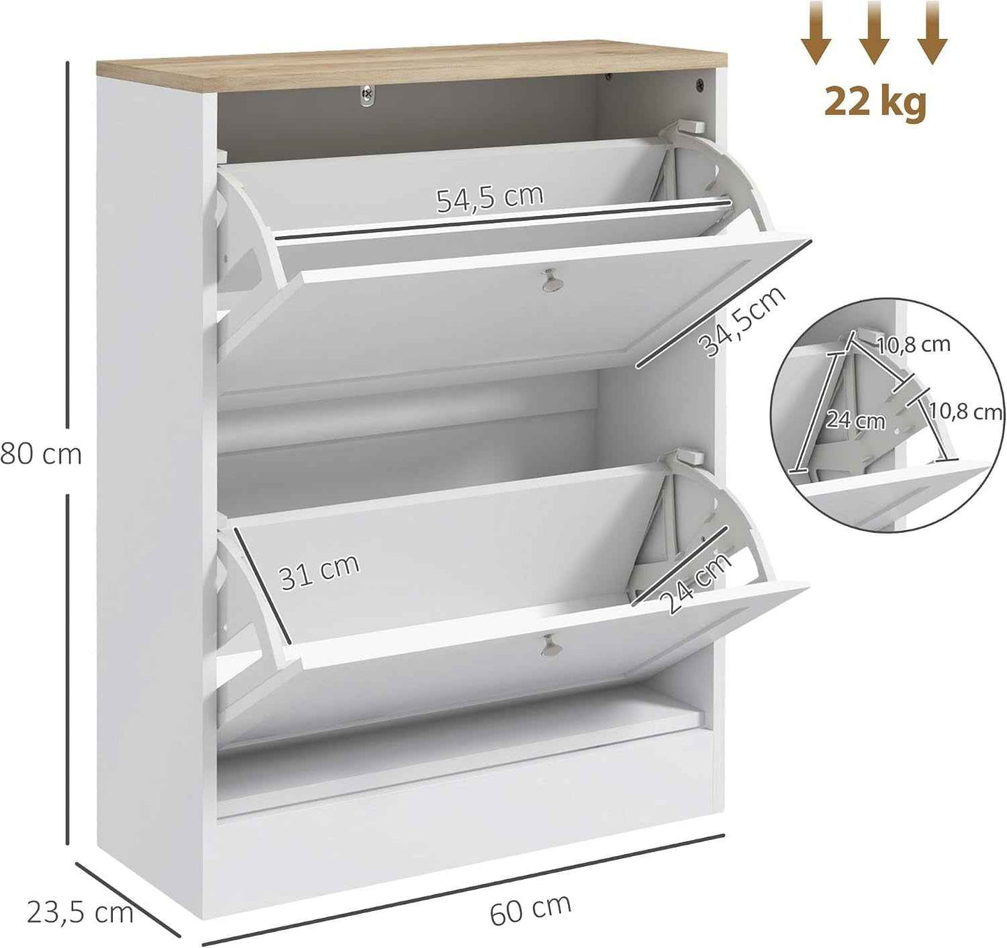Meuble À Chaussures 2 Tiroirs 12 Paires 60 X 23,5 X 80 Cm Blanc | Armoire À Chaussures Étroite, Moderne, Étagères Réglables, Pour Couloir Et Entrée