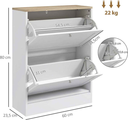 Meuble À Chaussures 2 Tiroirs 12 Paires 60 X 23,5 X 80 Cm Blanc | Armoire À Chaussures Étroite, Moderne, Étagères Réglables, Pour Couloir Et Entrée